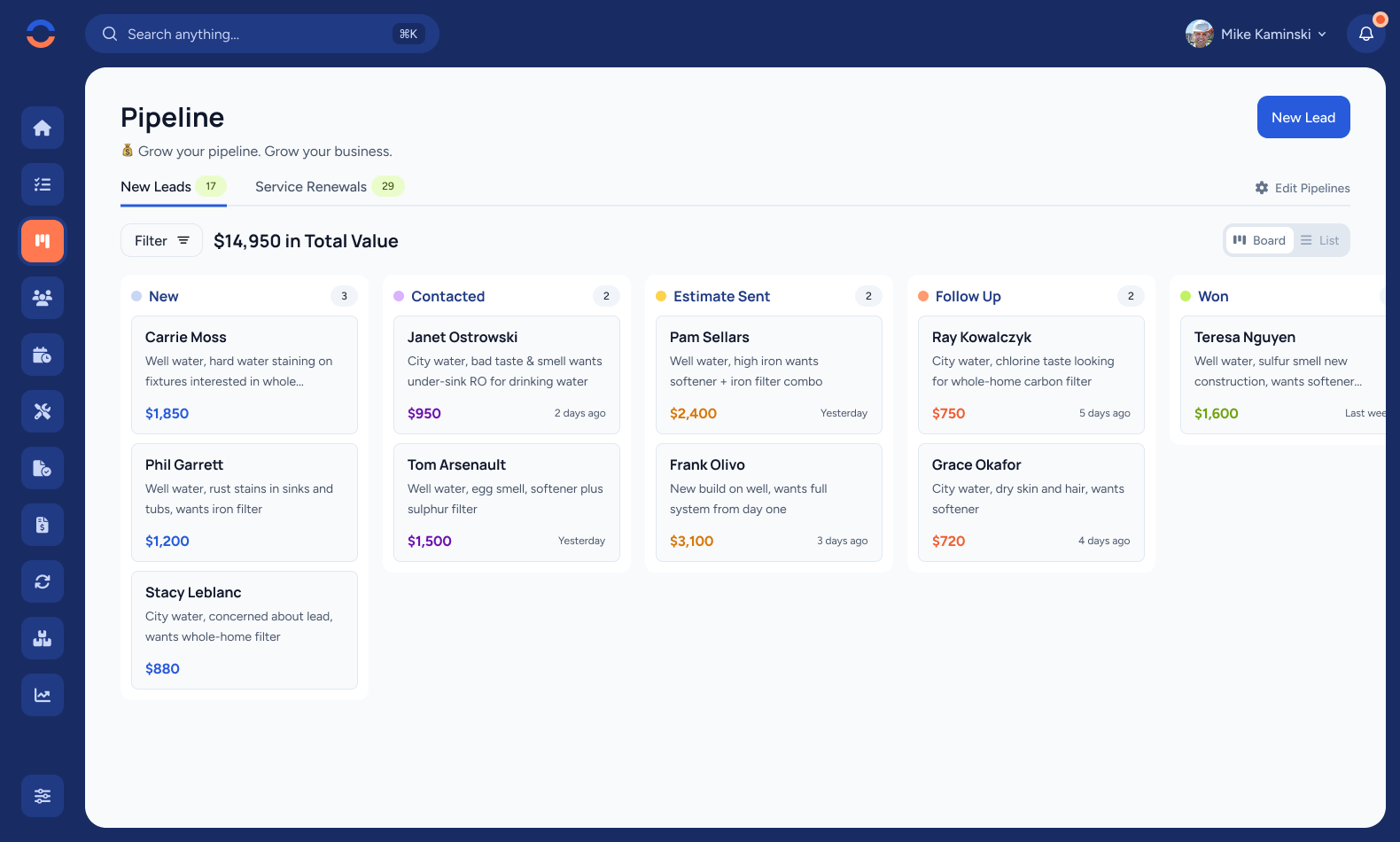 WorkBoss CRM pipeline board showing landscaping leads organized by stage — New, Contacted, Estimate Sent, Follow Up, and Won