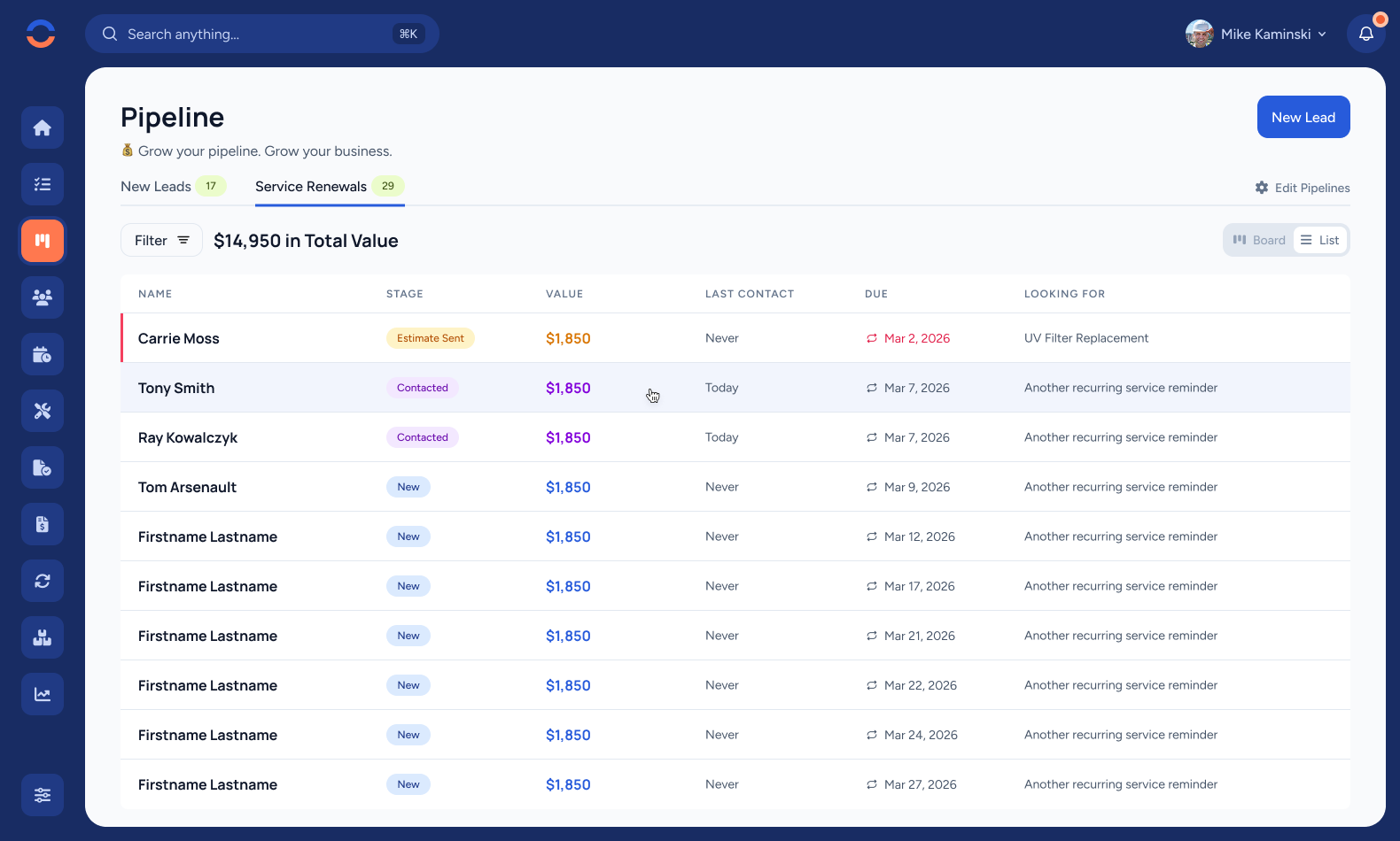 WorkBoss CRM list view showing leads in a sortable table with columns for name, stage, value, last contact, due date, and service description