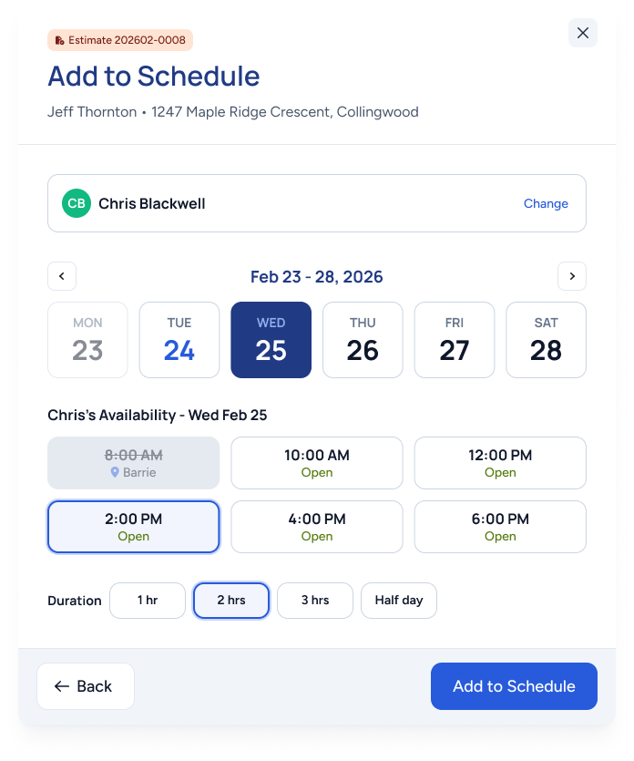 WorkBoss estimate scheduling screen showing technician availability with time slots, week view calendar, and duration selector — allowing one-click estimate appointment booking
