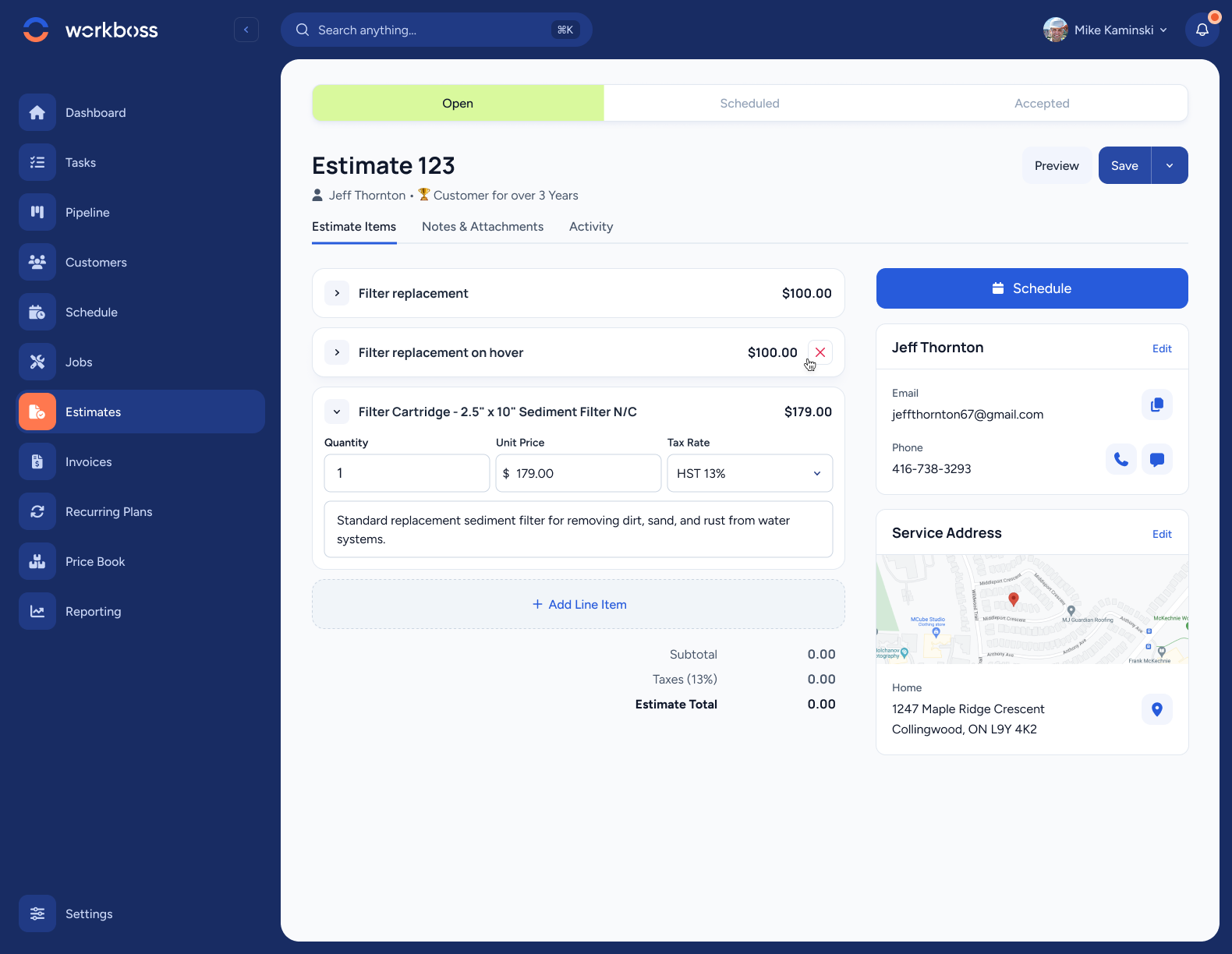 WorkBoss estimate detail view showing line items with quantities, unit prices, tax rates, and descriptions — with customer information and a Schedule button in the sidebar