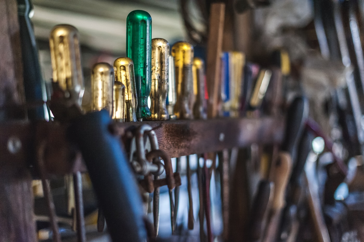 Professional trade tools arranged on a workbench
