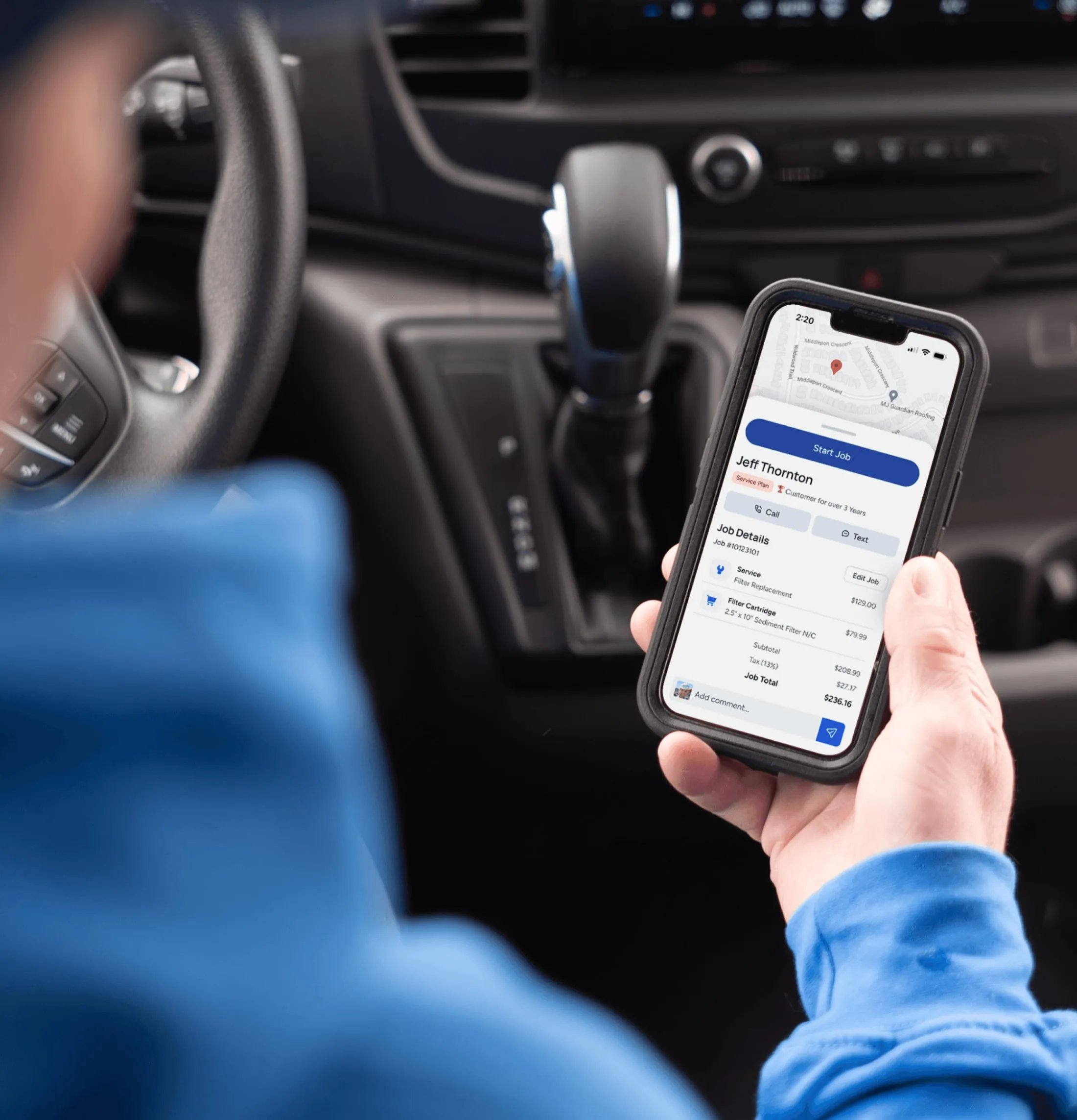 WorkBoss mobile app working in offline mode, showing cached customer data and job details available without internet connection